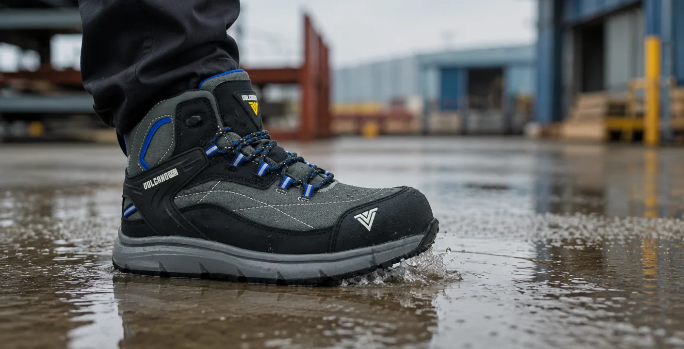 Zapatilla de seguridad impermeable Aquaman pisando un charco sobre concreto húmedo en un patio industrial
