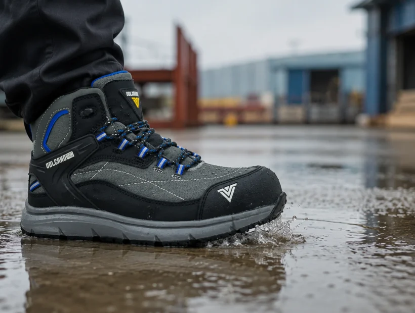 Zapatilla de seguridad impermeable Aquaman pisando un charco sobre concreto húmedo en un patio industrial