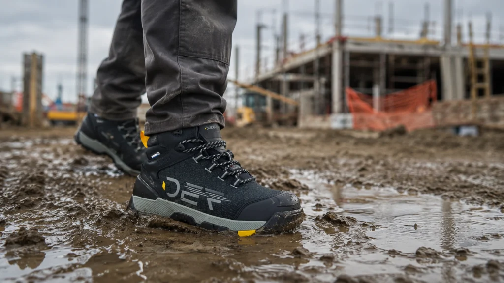 Trabajador de construcción caminando sobre terreno embarrado con calzado de seguridad impermeable Defender Rock