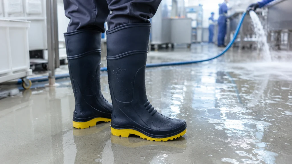 Botas de jebe PVC Xtreme sobre piso de concreto con agua corriente en una planta de proceso húmedo