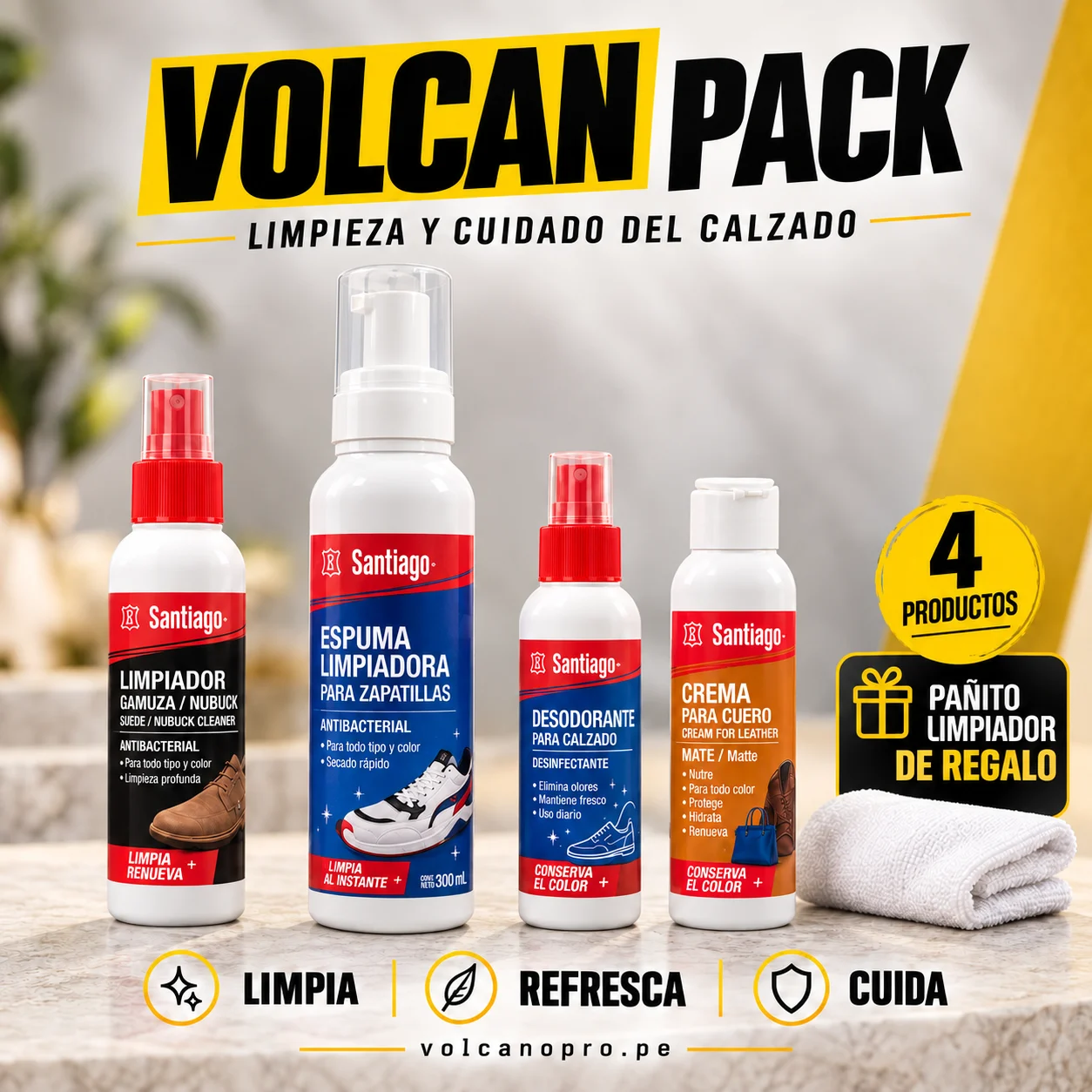 Pack de limpieza para calzado Santiago con cuatro frascos y pañito limpiador de regalo, sin escobilla