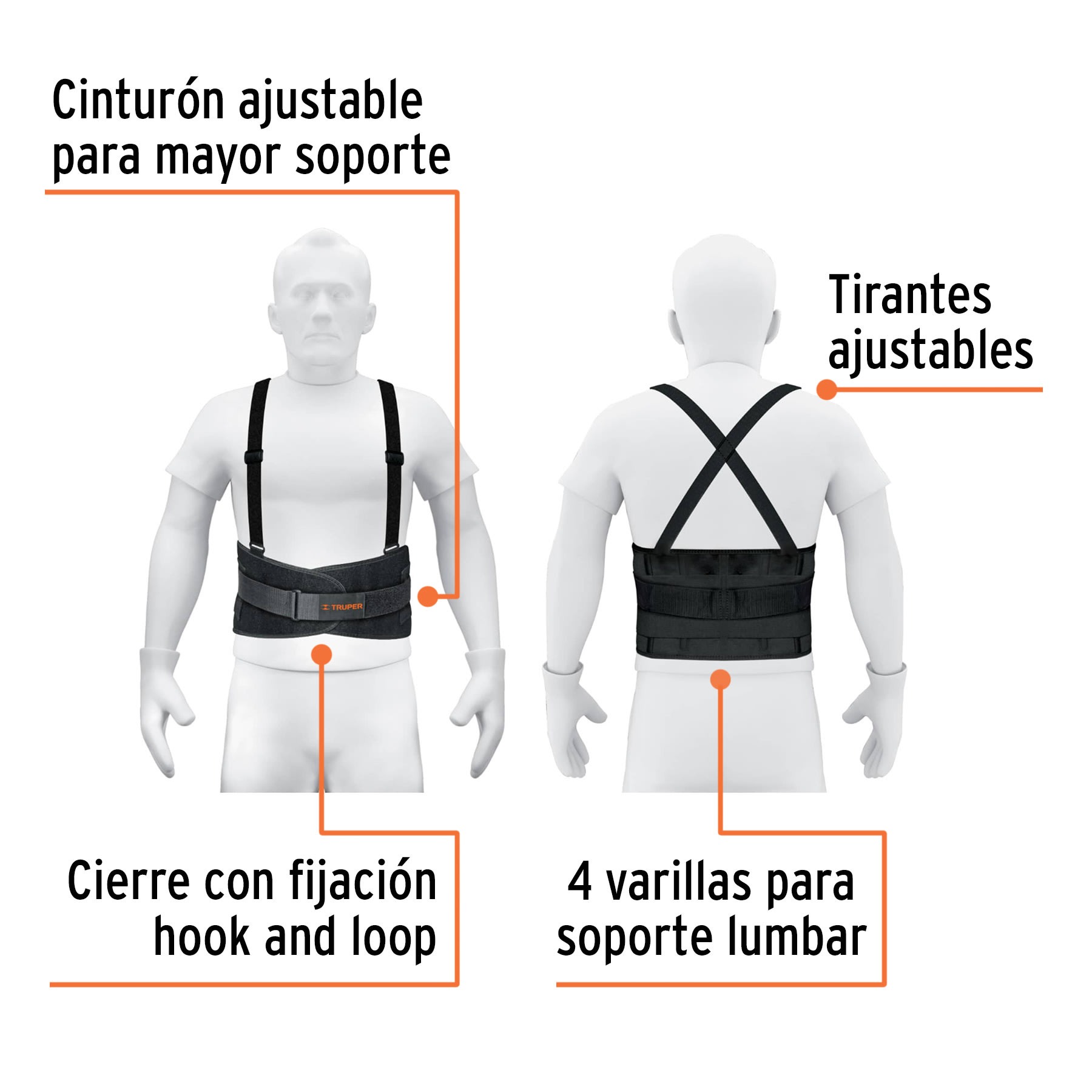 Cinturón Soporte Lumbar TRUPER | 4 Varillas + Ajuste Hook & Loop - Imagen de 5