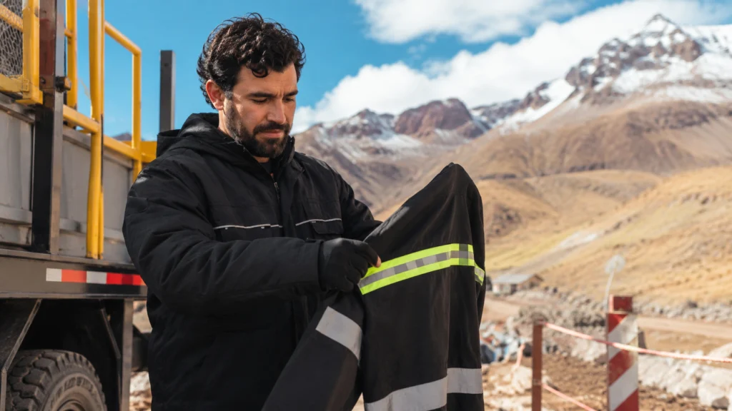 Trabajador evaluando una casaca para las condiciones de su puesto.