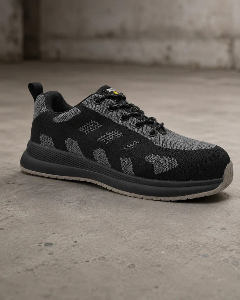 Primer plano de la zapatilla de seguridad Steel Grey con puntera de acero y suela antideslizante