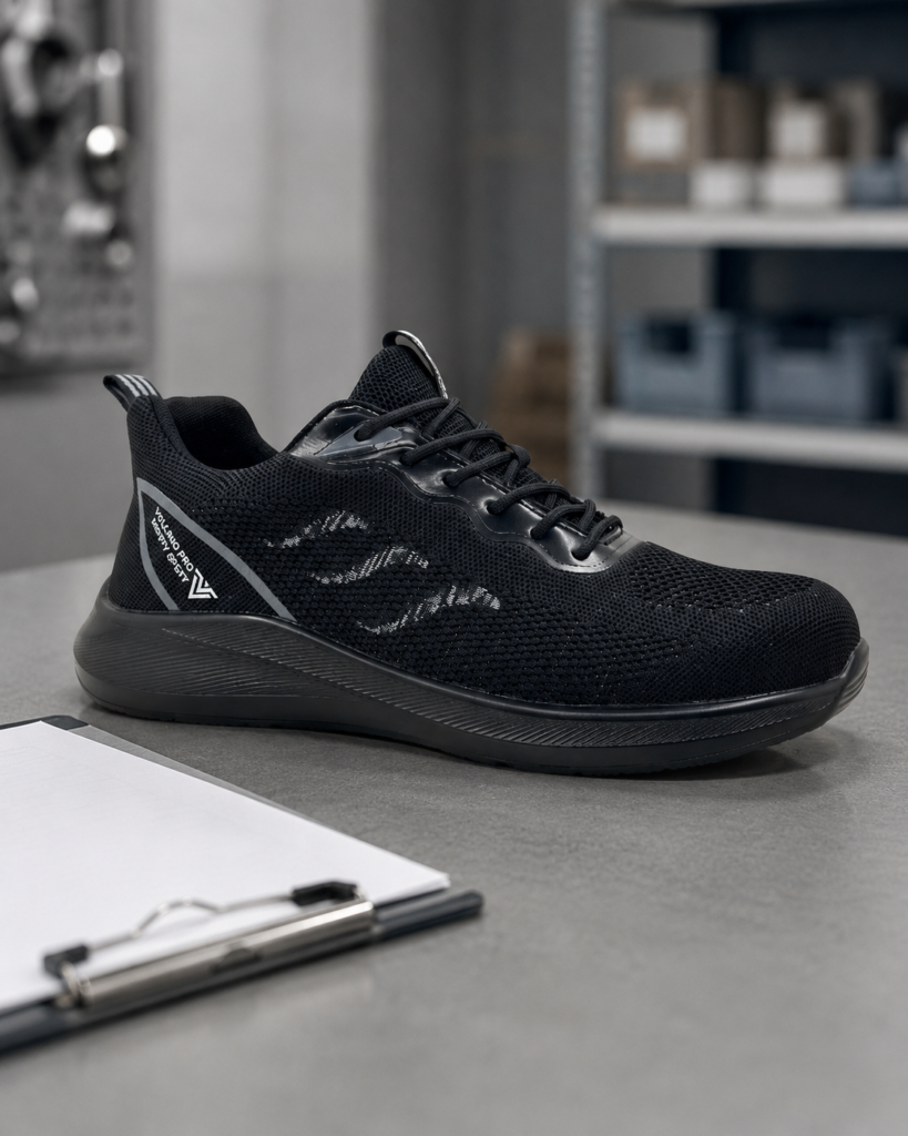 Zapatilla de seguridad Horus de Volcano Pro sobre un mesón de evaluación técnica para homologación corporativa