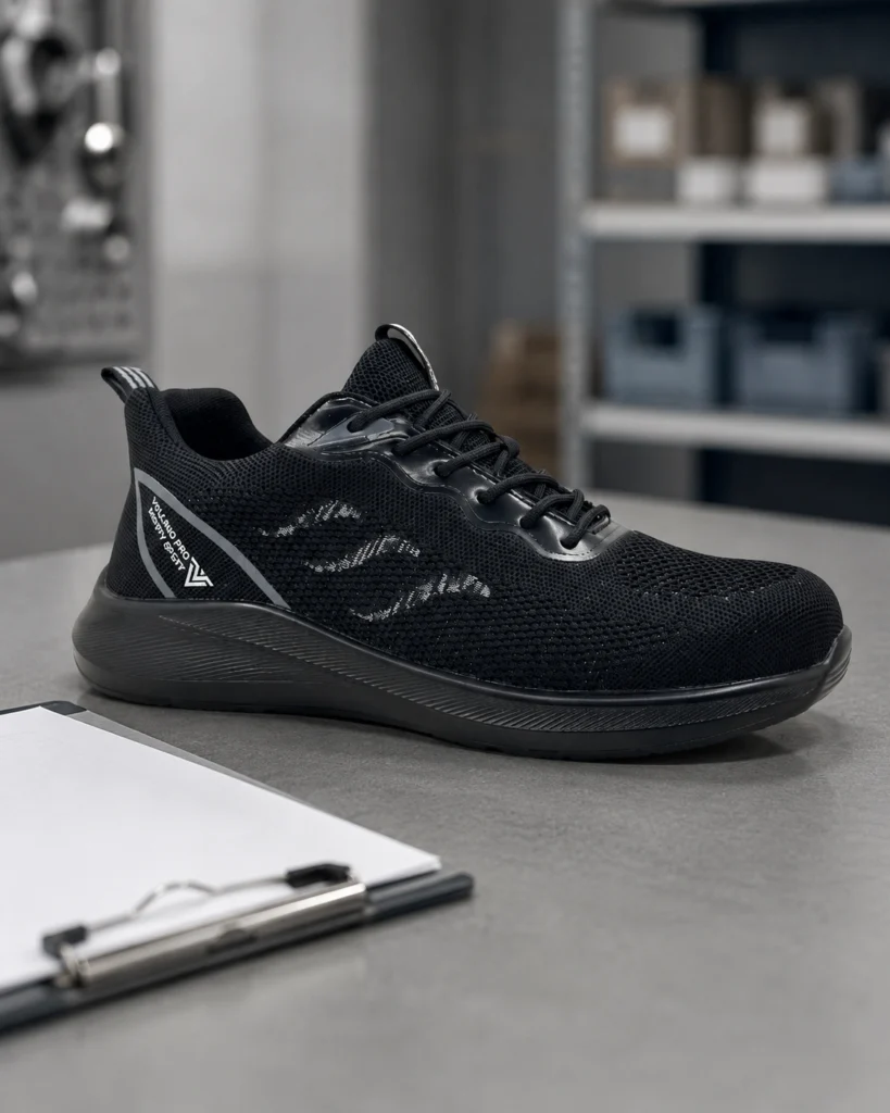 Zapatilla de seguridad Horus de Volcano Pro sobre un mesón de evaluación técnica para homologación corporativa