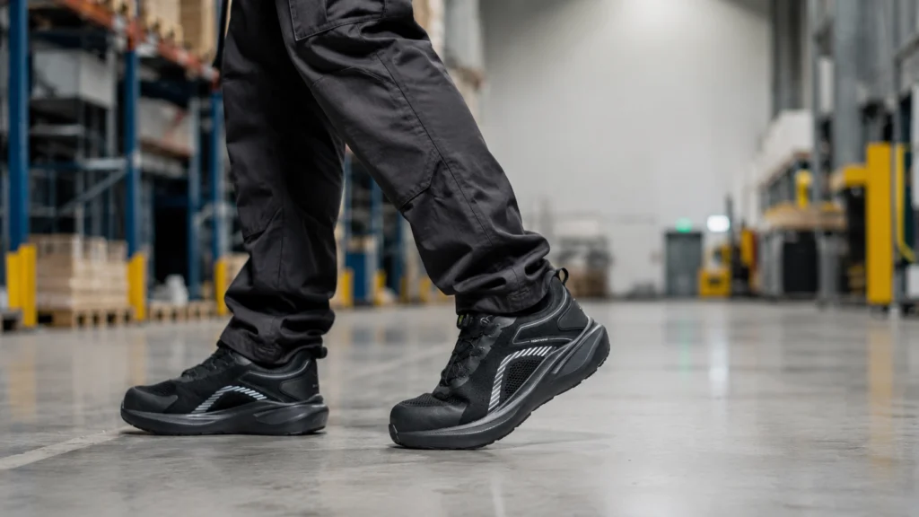 Trabajador caminando en almacén con zapatillas de seguridad cómodas BLADE de Volcano Pro