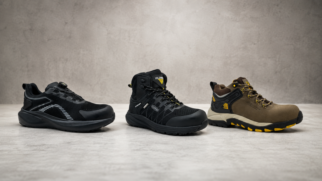 Zapatillas de seguridad BLADE, HADES y NEO TRACK de Volcano Pro alineadas en estudio