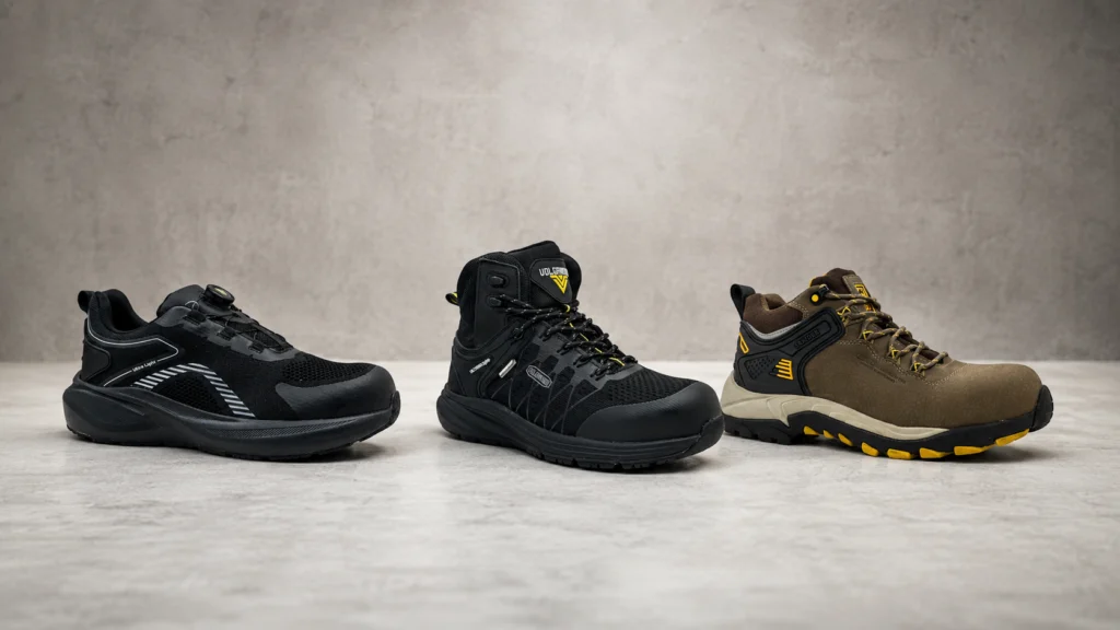 Zapatillas de seguridad BLADE, HADES y NEO TRACK de Volcano Pro alineadas en estudio