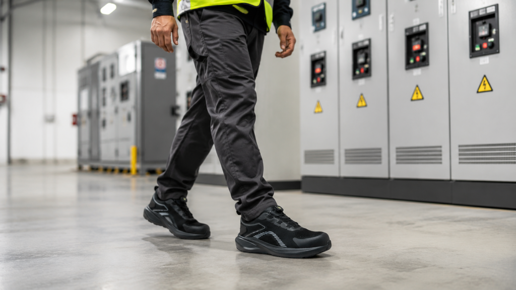 Técnico caminando en planta industrial con la zapatilla de seguridad dieléctrica BLADE de Volcano Pro