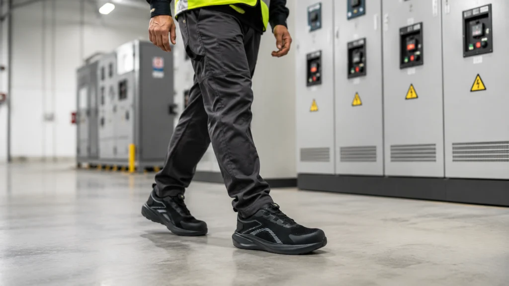 Técnico caminando en planta industrial con la zapatilla de seguridad dieléctrica BLADE de Volcano Pro