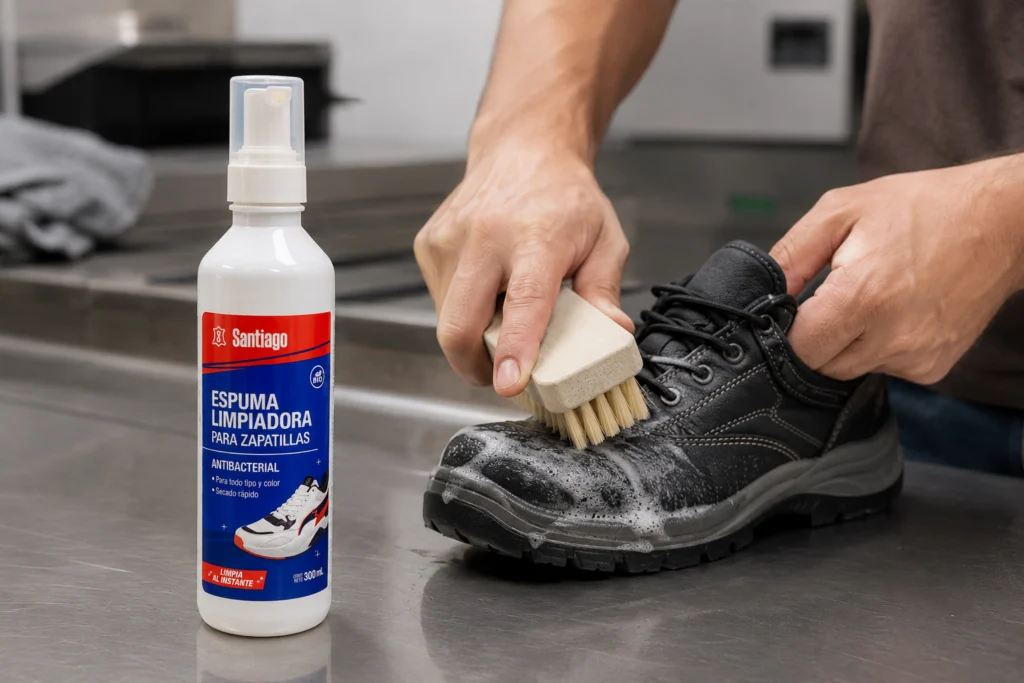 Limpieza exterior de una zapatilla de trabajo con la espuma limpiadora y la escobilla Santiago de Volcano Pro