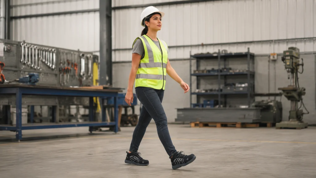 Trabajadora usando la zapatilla de seguridad Steel Trekk para dama con puntera de acero y aislamiento dieléctrico