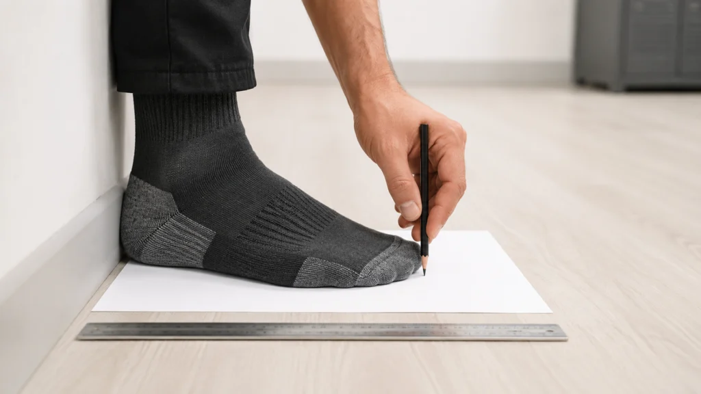 Persona midiendo su pie sobre una hoja de papel contra la pared para elegir la talla de un zapato de seguridad