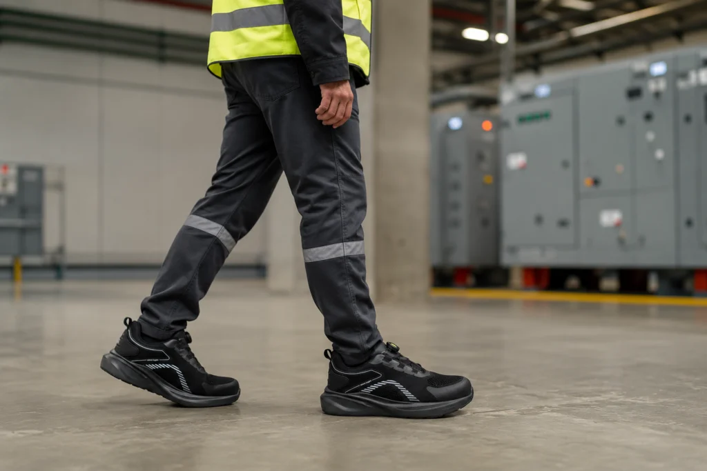 Trabajador caminando en planta industrial con la zapatilla de seguridad dieléctrica Blade de Volcano Pro
