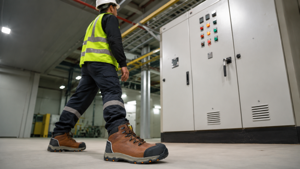 Electricista caminando cerca de un tablero eléctrico con el botín dieléctrico Thunder Cobre de Volcano Pro