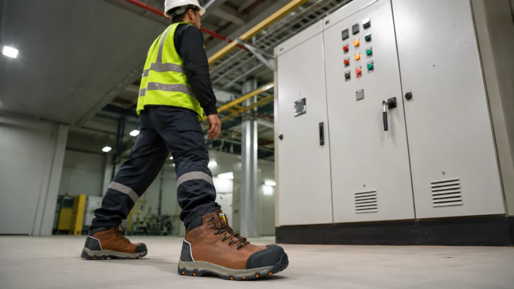 Electricista caminando cerca de un tablero eléctrico con el botín dieléctrico Thunder Cobre de Volcano Pro