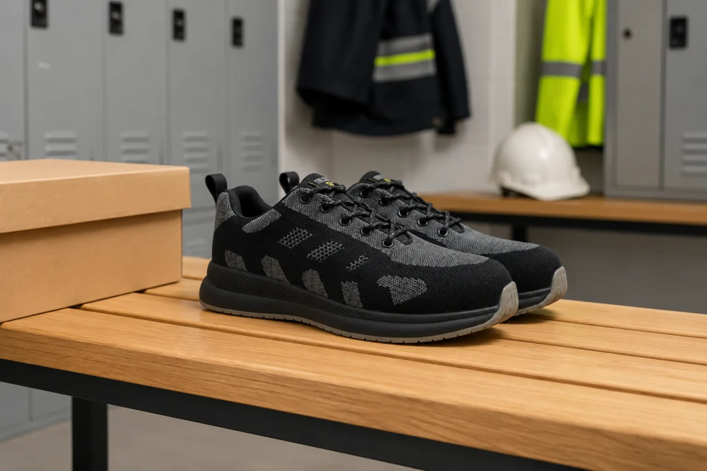 Par nuevo de la zapatilla de seguridad Steel Grey de Volcano Pro listo como reemplazo en un vestuario