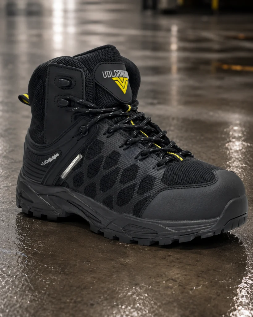Detalle de la zapatilla de seguridad impermeable Hades de Volcano Pro con exterior de malla textil y suela EVA y caucho