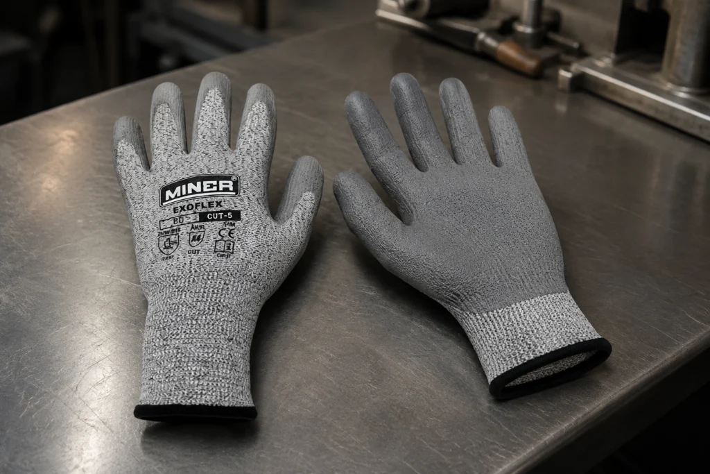 Par de guantes anticorte Miner Multiflex CUT-5 sobre un banco de trabajo