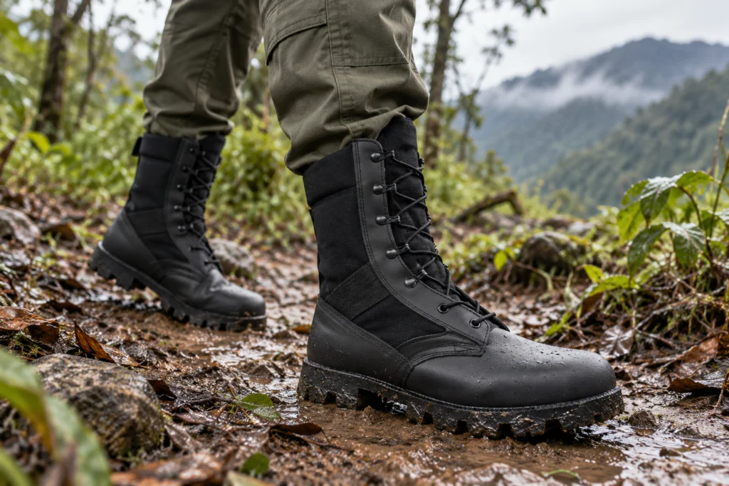 Trabajador caminando en terreno húmedo con el borceguí táctico Jungla impermeable de Volcano Pro