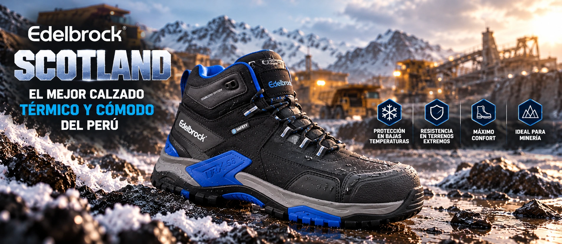 Bota Edelbrock Scotland negra y azul en minería nevada